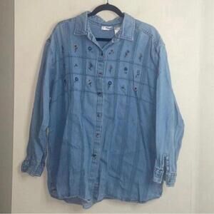Vintage Denim Chambray Long Sleeve Button Up Top Floral Embroidery 90s